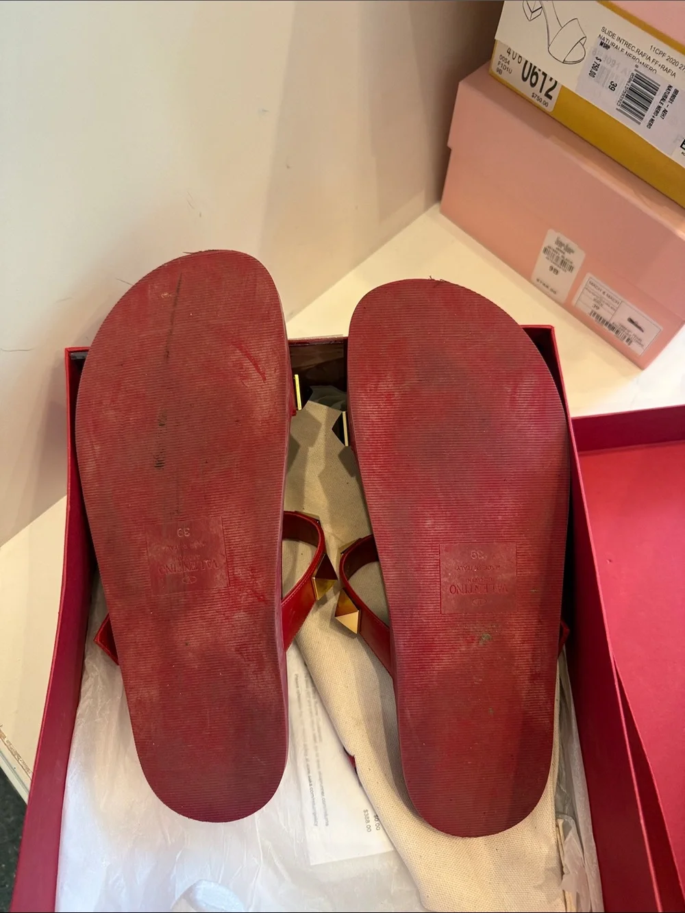 Valentino Rockstud Leather Roman Red Slide Sandals - Picture 10 of 12